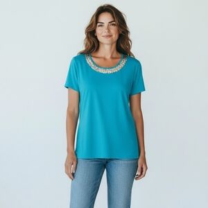 Coldwater Creek Turquoise Embellished Short Sleeve Top